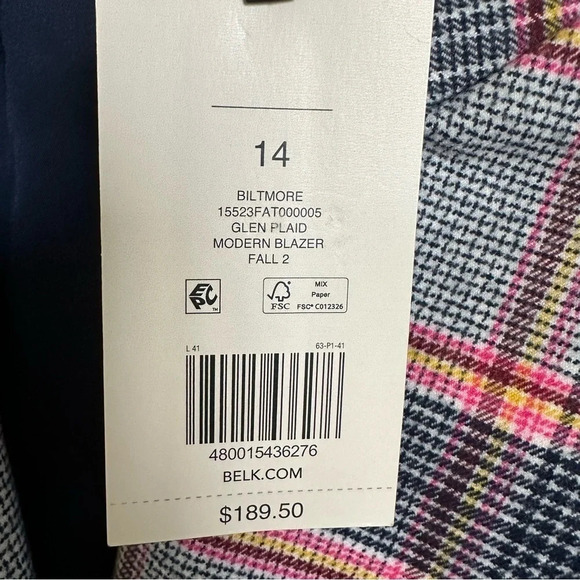 NWT Biltmore Women’s 14 Glen Plaid Double Breasted Blazer Jacket Navy Career New - Picture 4 of 7